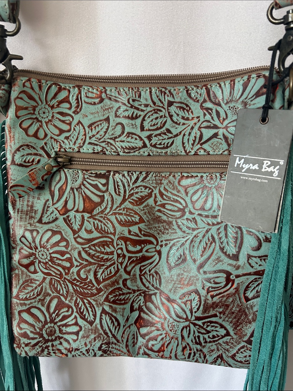 Myra Bag NWT Turquoise Floral Tooled Leather Suede Fringe Crossbody Bag w/ Pouch - Picture 4 of 9
